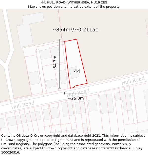 44, HULL ROAD, WITHERNSEA, HU19 2EG: Plot and title map