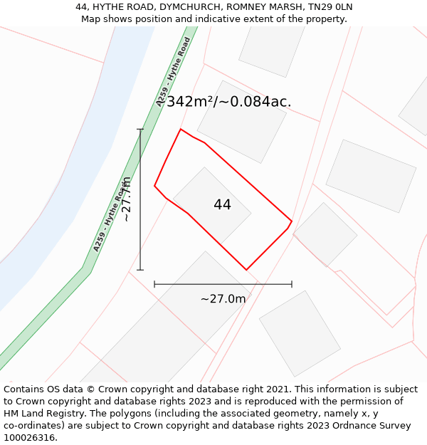 44, HYTHE ROAD, DYMCHURCH, ROMNEY MARSH, TN29 0LN: Plot and title map