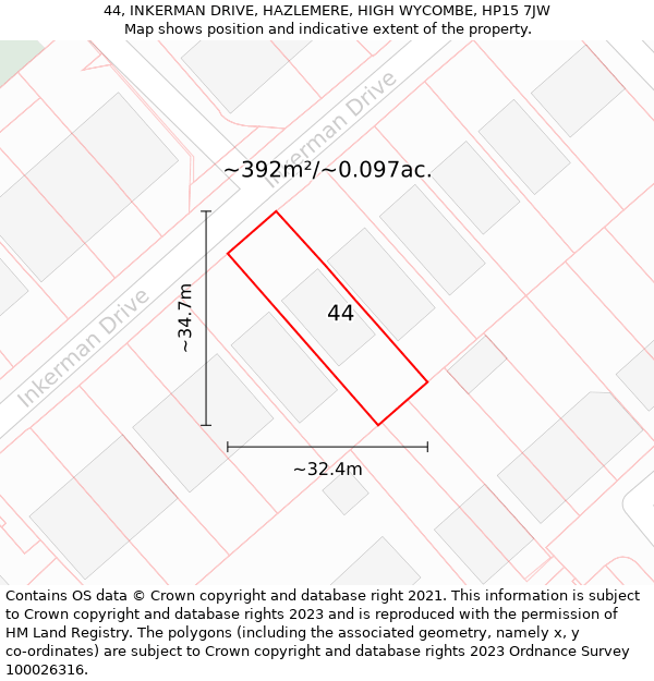 44, INKERMAN DRIVE, HAZLEMERE, HIGH WYCOMBE, HP15 7JW: Plot and title map