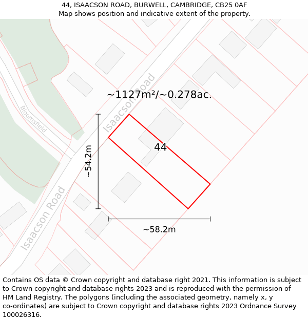 44, ISAACSON ROAD, BURWELL, CAMBRIDGE, CB25 0AF: Plot and title map