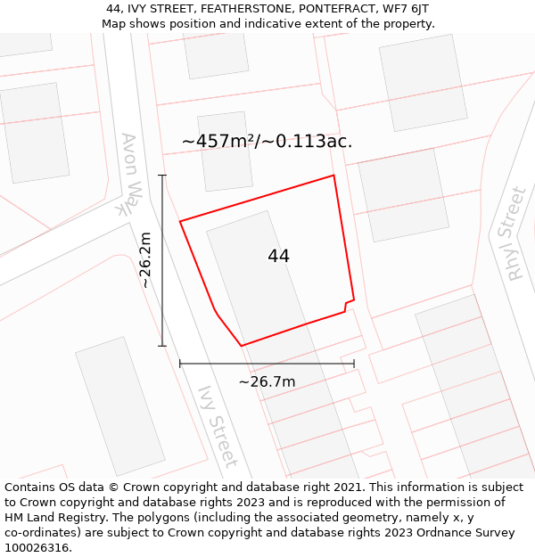 44, IVY STREET, FEATHERSTONE, PONTEFRACT, WF7 6JT: Plot and title map