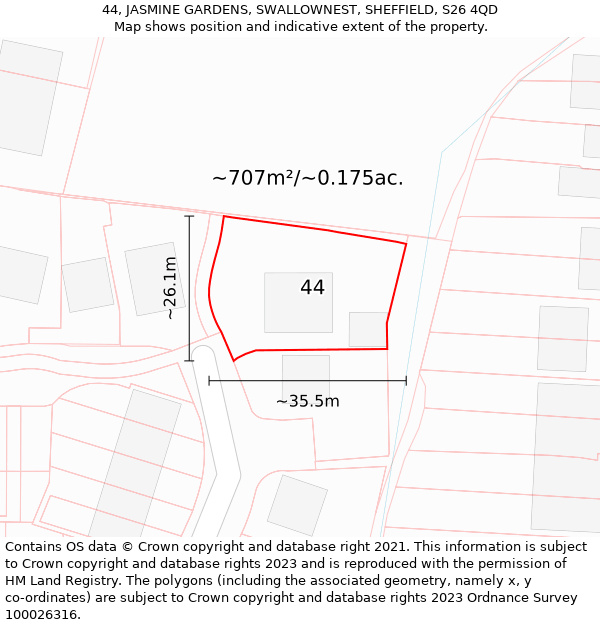 44, JASMINE GARDENS, SWALLOWNEST, SHEFFIELD, S26 4QD: Plot and title map