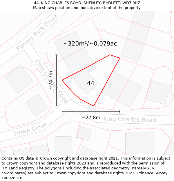 44, KING CHARLES ROAD, SHENLEY, RADLETT, WD7 9HZ: Plot and title map