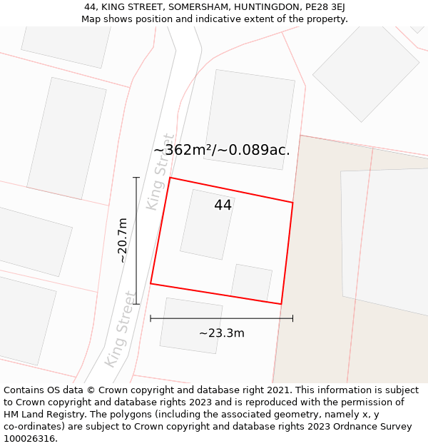 44, KING STREET, SOMERSHAM, HUNTINGDON, PE28 3EJ: Plot and title map