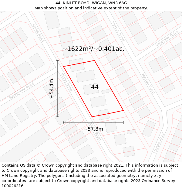 44, KINLET ROAD, WIGAN, WN3 6AG: Plot and title map