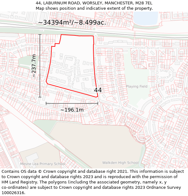 44, LABURNUM ROAD, WORSLEY, MANCHESTER, M28 7EL: Plot and title map