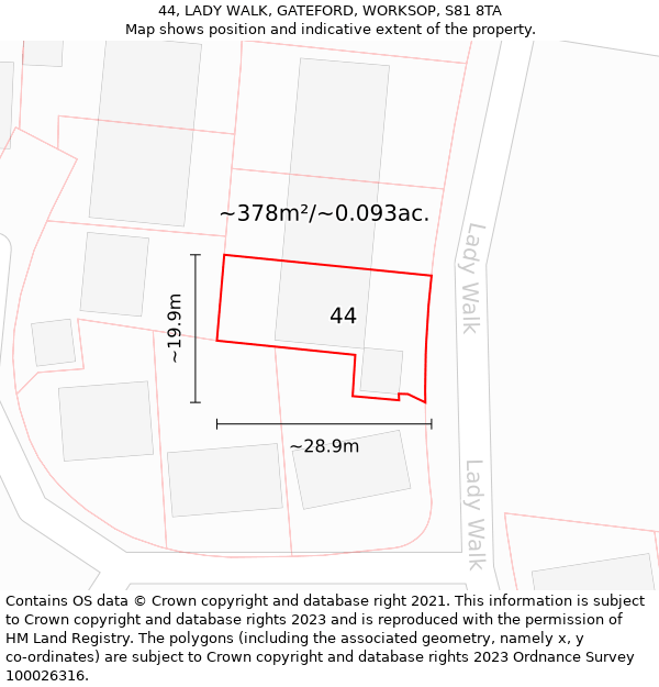 44, LADY WALK, GATEFORD, WORKSOP, S81 8TA: Plot and title map