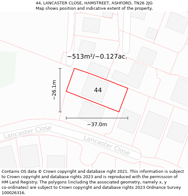 44, LANCASTER CLOSE, HAMSTREET, ASHFORD, TN26 2JG: Plot and title map