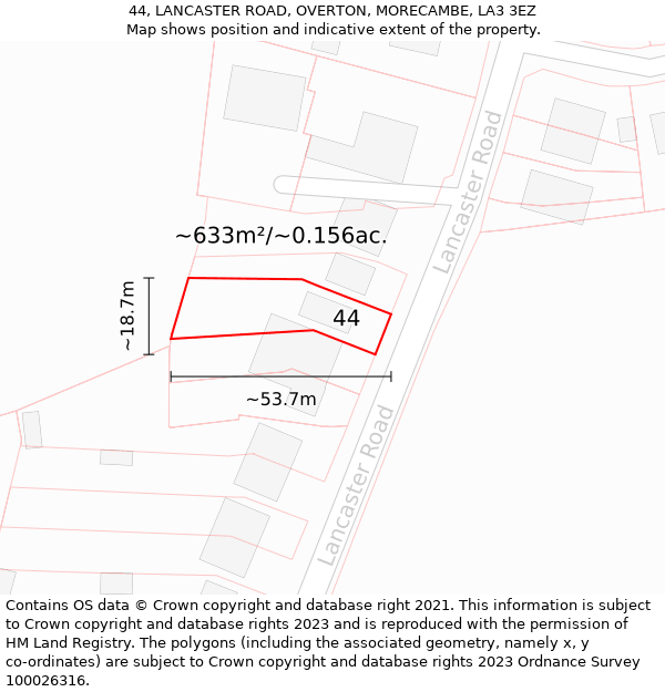 44, LANCASTER ROAD, OVERTON, MORECAMBE, LA3 3EZ: Plot and title map