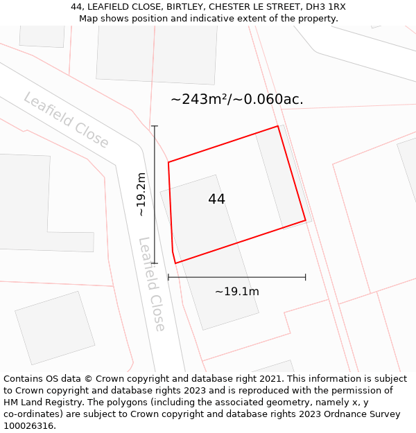 44, LEAFIELD CLOSE, BIRTLEY, CHESTER LE STREET, DH3 1RX: Plot and title map