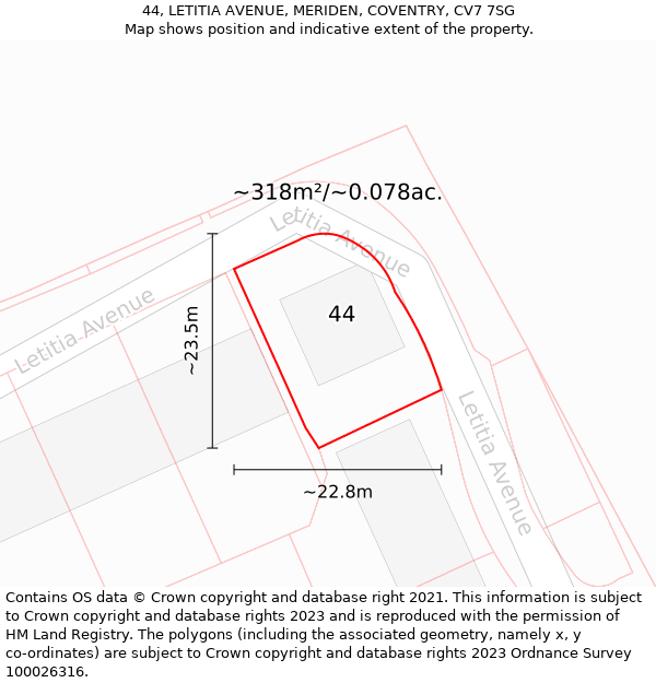 44, LETITIA AVENUE, MERIDEN, COVENTRY, CV7 7SG: Plot and title map