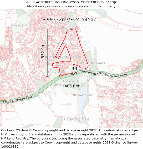 44, LILAC STREET, HOLLINGWOOD, CHESTERFIELD, S43 2JG: Plot and title map