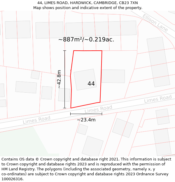 44, LIMES ROAD, HARDWICK, CAMBRIDGE, CB23 7XN: Plot and title map