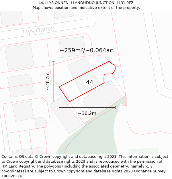 44, LLYS ONNEN, LLANDUDNO JUNCTION, LL31 9EZ: Plot and title map