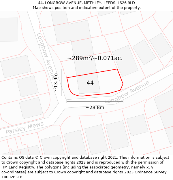 44, LONGBOW AVENUE, METHLEY, LEEDS, LS26 9LD: Plot and title map