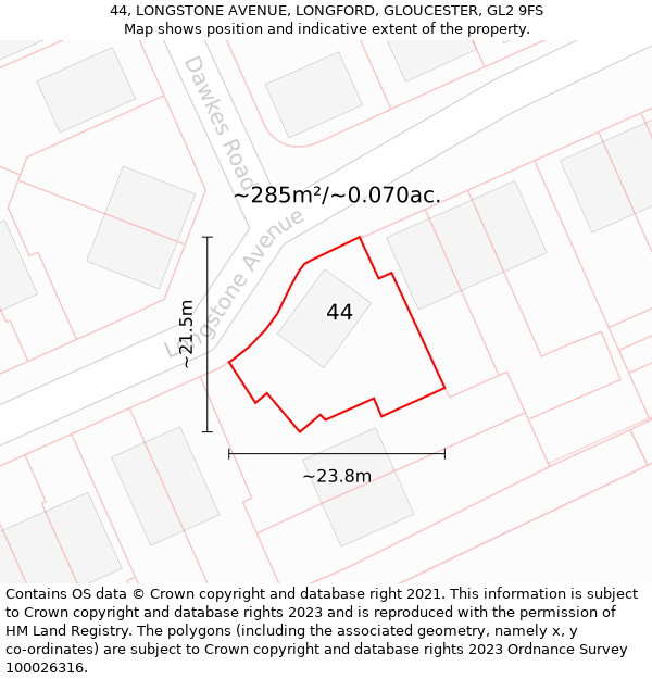 44, LONGSTONE AVENUE, LONGFORD, GLOUCESTER, GL2 9FS: Plot and title map