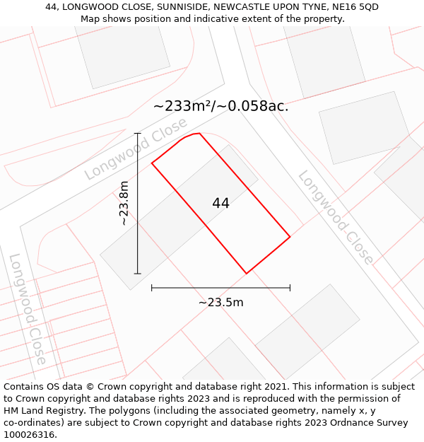 44, LONGWOOD CLOSE, SUNNISIDE, NEWCASTLE UPON TYNE, NE16 5QD: Plot and title map