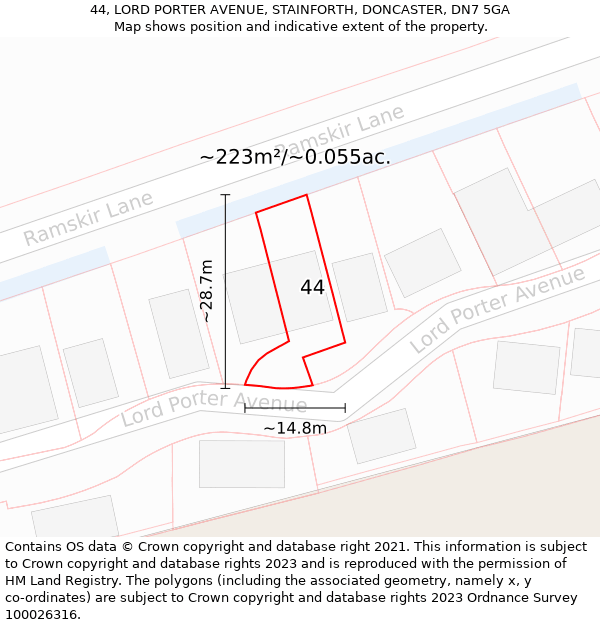 44, LORD PORTER AVENUE, STAINFORTH, DONCASTER, DN7 5GA: Plot and title map