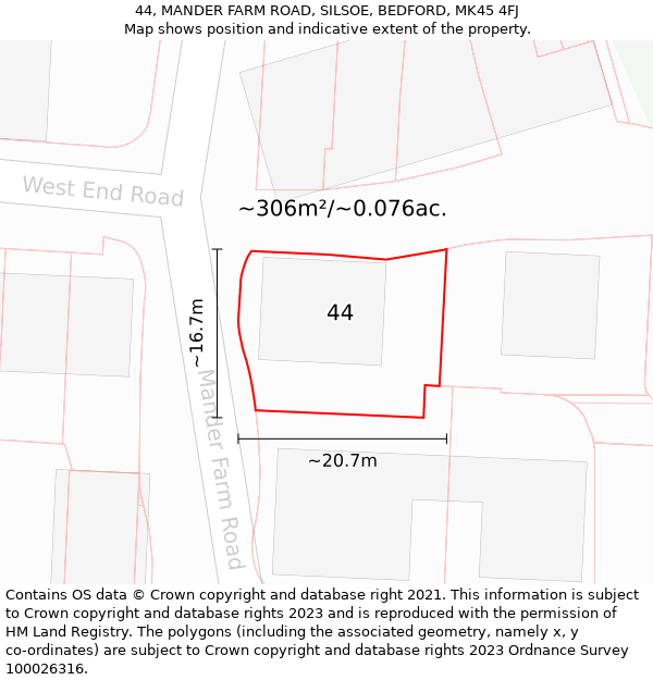 44, MANDER FARM ROAD, SILSOE, BEDFORD, MK45 4FJ: Plot and title map