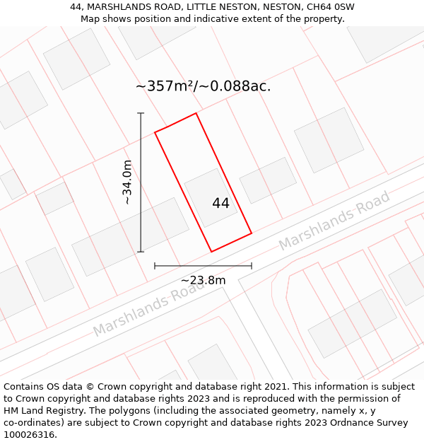 44, MARSHLANDS ROAD, LITTLE NESTON, NESTON, CH64 0SW: Plot and title map