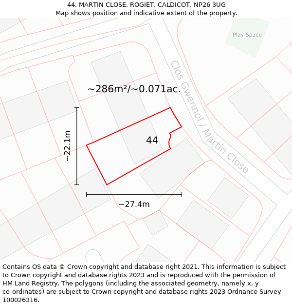 44, MARTIN CLOSE, ROGIET, CALDICOT, NP26 3UG: Plot and title map