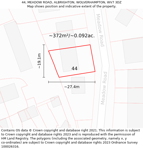 44, MEADOW ROAD, ALBRIGHTON, WOLVERHAMPTON, WV7 3DZ: Plot and title map