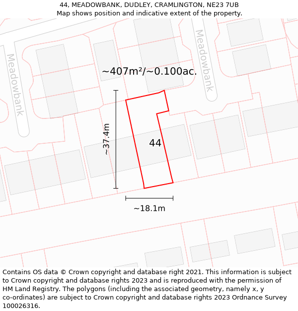 44, MEADOWBANK, DUDLEY, CRAMLINGTON, NE23 7UB: Plot and title map