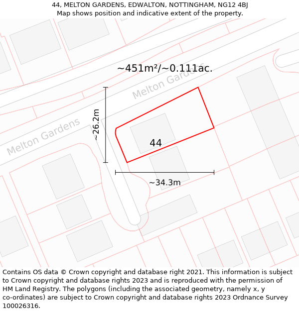 44, MELTON GARDENS, EDWALTON, NOTTINGHAM, NG12 4BJ: Plot and title map