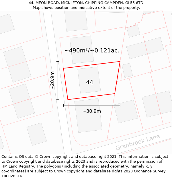 44, MEON ROAD, MICKLETON, CHIPPING CAMPDEN, GL55 6TD: Plot and title map