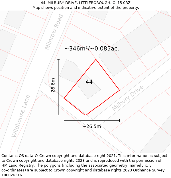 44, MILBURY DRIVE, LITTLEBOROUGH, OL15 0BZ: Plot and title map