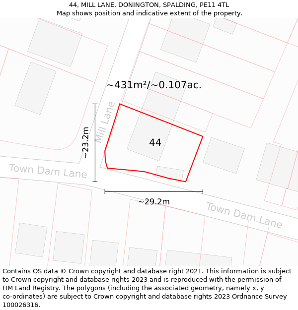 44, MILL LANE, DONINGTON, SPALDING, PE11 4TL: Plot and title map