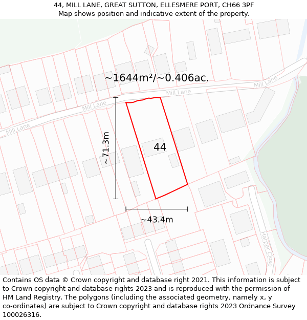 44, MILL LANE, GREAT SUTTON, ELLESMERE PORT, CH66 3PF: Plot and title map