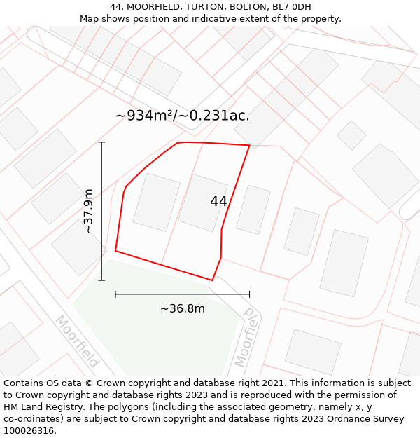 44, MOORFIELD, TURTON, BOLTON, BL7 0DH: Plot and title map