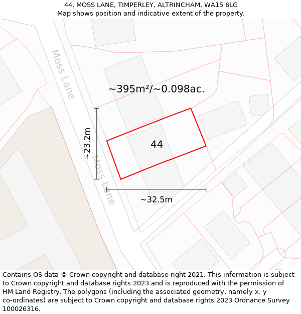 44, MOSS LANE, TIMPERLEY, ALTRINCHAM, WA15 6LG: Plot and title map