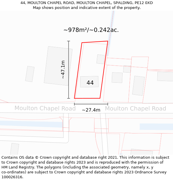 44, MOULTON CHAPEL ROAD, MOULTON CHAPEL, SPALDING, PE12 0XD: Plot and title map