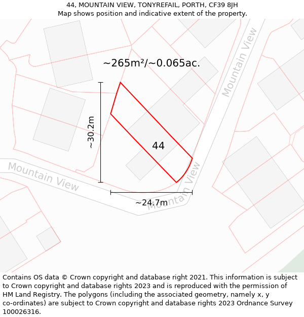 44, MOUNTAIN VIEW, TONYREFAIL, PORTH, CF39 8JH: Plot and title map