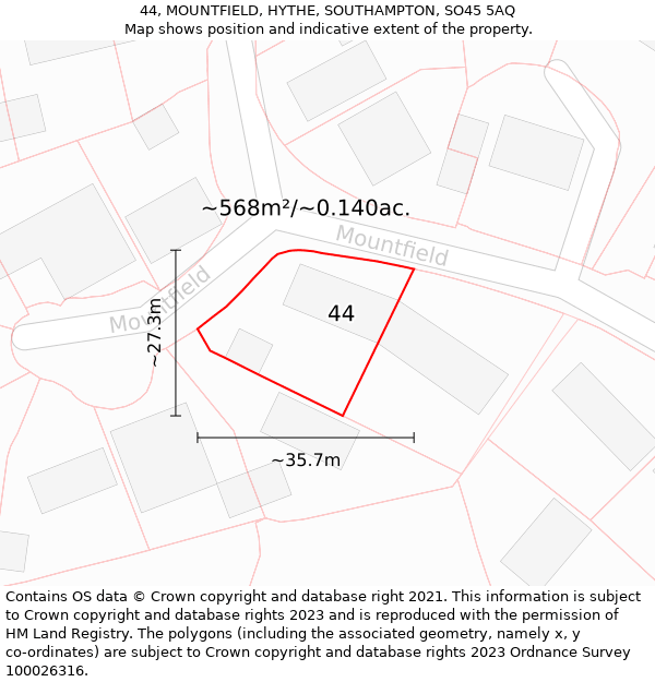 44, MOUNTFIELD, HYTHE, SOUTHAMPTON, SO45 5AQ: Plot and title map