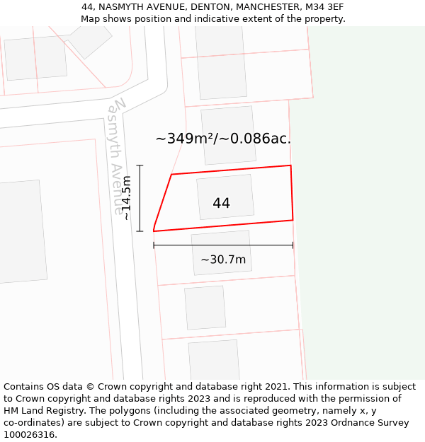 44, NASMYTH AVENUE, DENTON, MANCHESTER, M34 3EF: Plot and title map