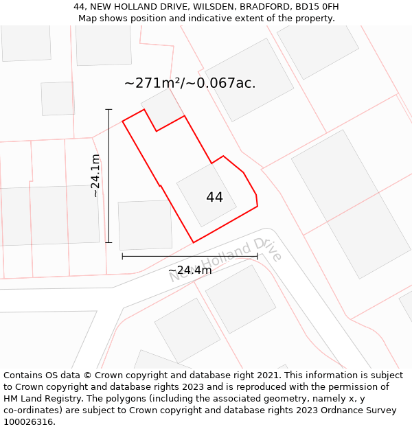 44, NEW HOLLAND DRIVE, WILSDEN, BRADFORD, BD15 0FH: Plot and title map