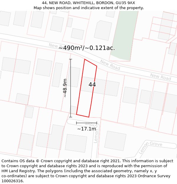 44, NEW ROAD, WHITEHILL, BORDON, GU35 9AX: Plot and title map