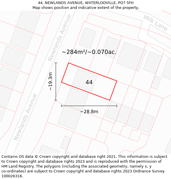 44, NEWLANDS AVENUE, WATERLOOVILLE, PO7 5FH: Plot and title map