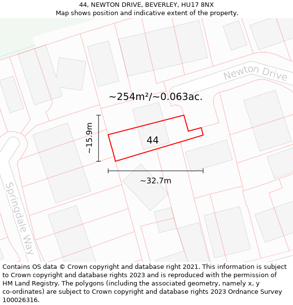 44, NEWTON DRIVE, BEVERLEY, HU17 8NX: Plot and title map