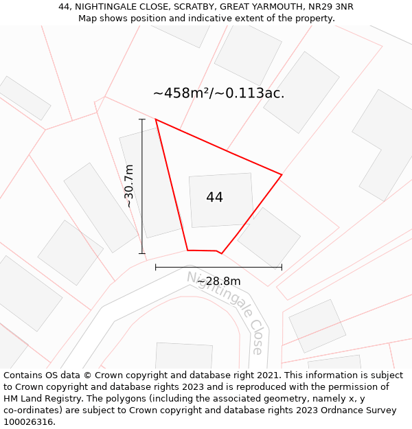 44, NIGHTINGALE CLOSE, SCRATBY, GREAT YARMOUTH, NR29 3NR: Plot and title map