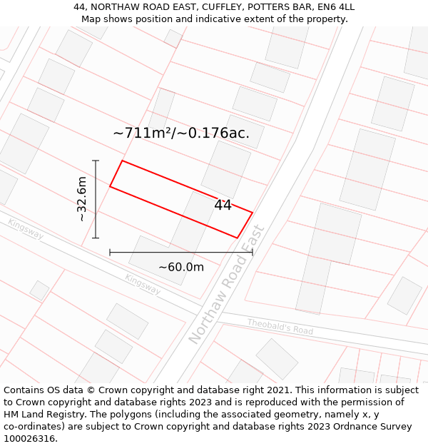 44, NORTHAW ROAD EAST, CUFFLEY, POTTERS BAR, EN6 4LL: Plot and title map