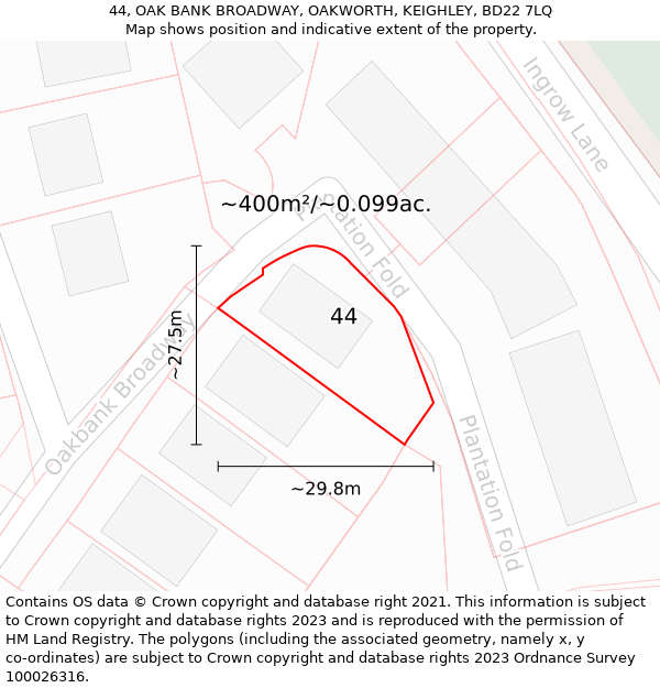 44, OAK BANK BROADWAY, OAKWORTH, KEIGHLEY, BD22 7LQ: Plot and title map