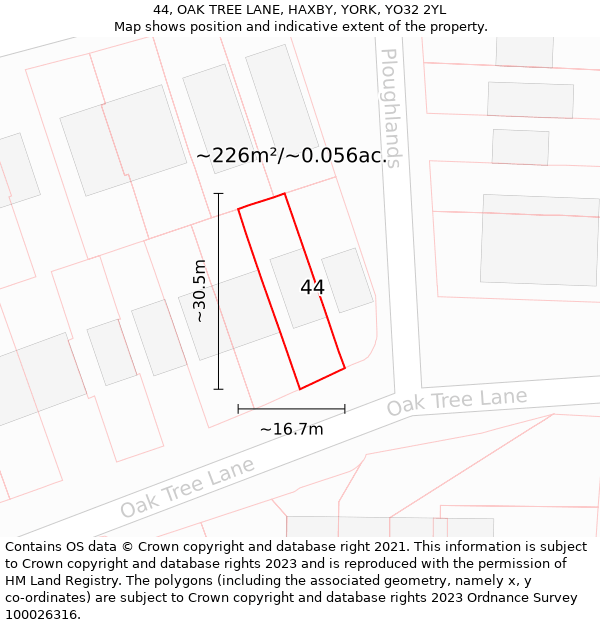 44, OAK TREE LANE, HAXBY, YORK, YO32 2YL: Plot and title map