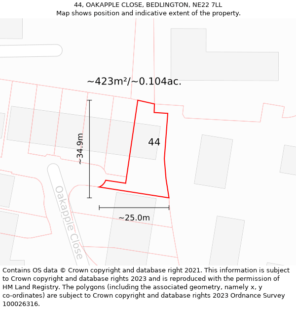 44, OAKAPPLE CLOSE, BEDLINGTON, NE22 7LL: Plot and title map