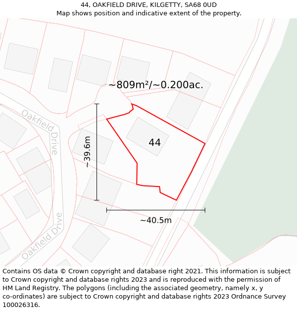 44, OAKFIELD DRIVE, KILGETTY, SA68 0UD: Plot and title map