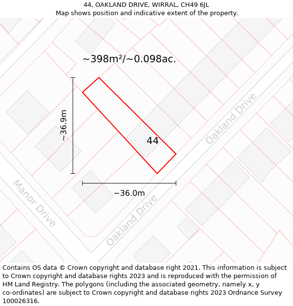 44, OAKLAND DRIVE, WIRRAL, CH49 6JL: Plot and title map