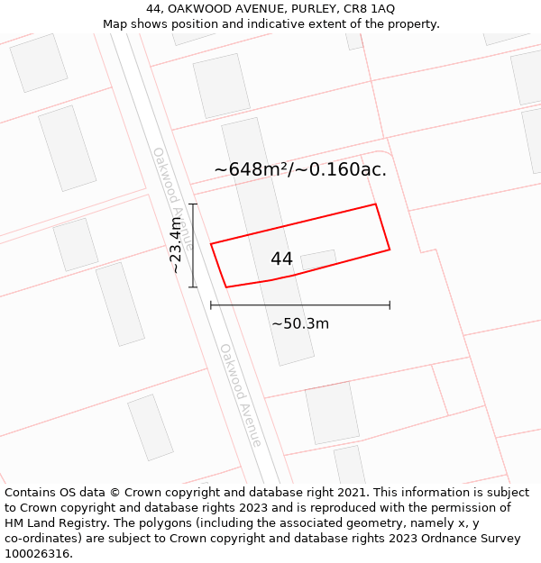 44, OAKWOOD AVENUE, PURLEY, CR8 1AQ: Plot and title map